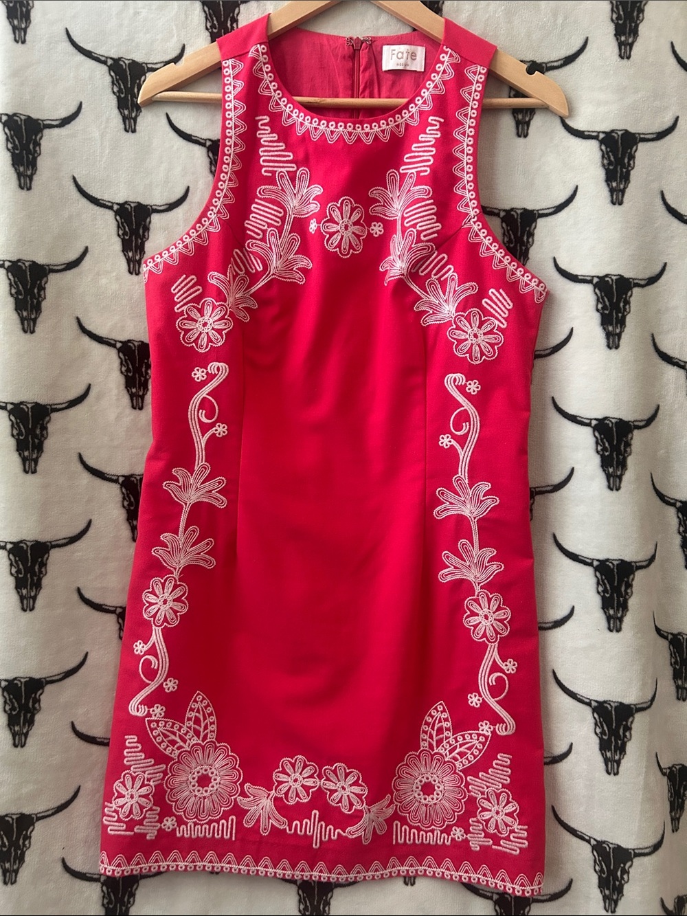 Fate Pink White Embroidered Floral Linen Blend Shift Dress M